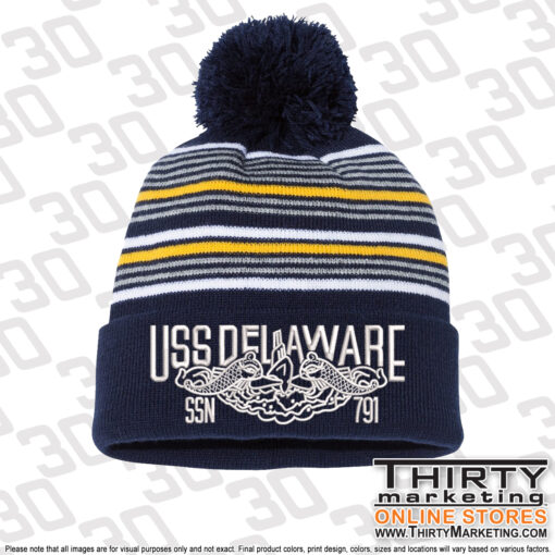 USS Delaware FRG Striped Pom-Pom Cuffed Beanie